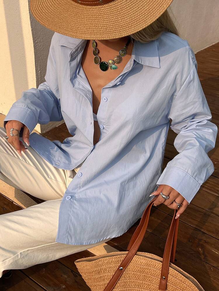 Women's Blue Long Sleeve Shirt, Retro Casual Loose Boyfriend Style Blouse, Suitable For Spring And Summer