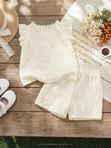 SHEIN Vintaside Kids Bộ 2 áo thun tay ngắn + quần short dễ thương cho bé gái 0-3 tuổi, mùa xuân/hè - trắng - Xem 3