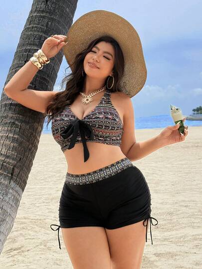 Swim Lushoire Bộ tankini cỡ lớn in họa tiết toàn thân, kiểu xoắn phía trước.