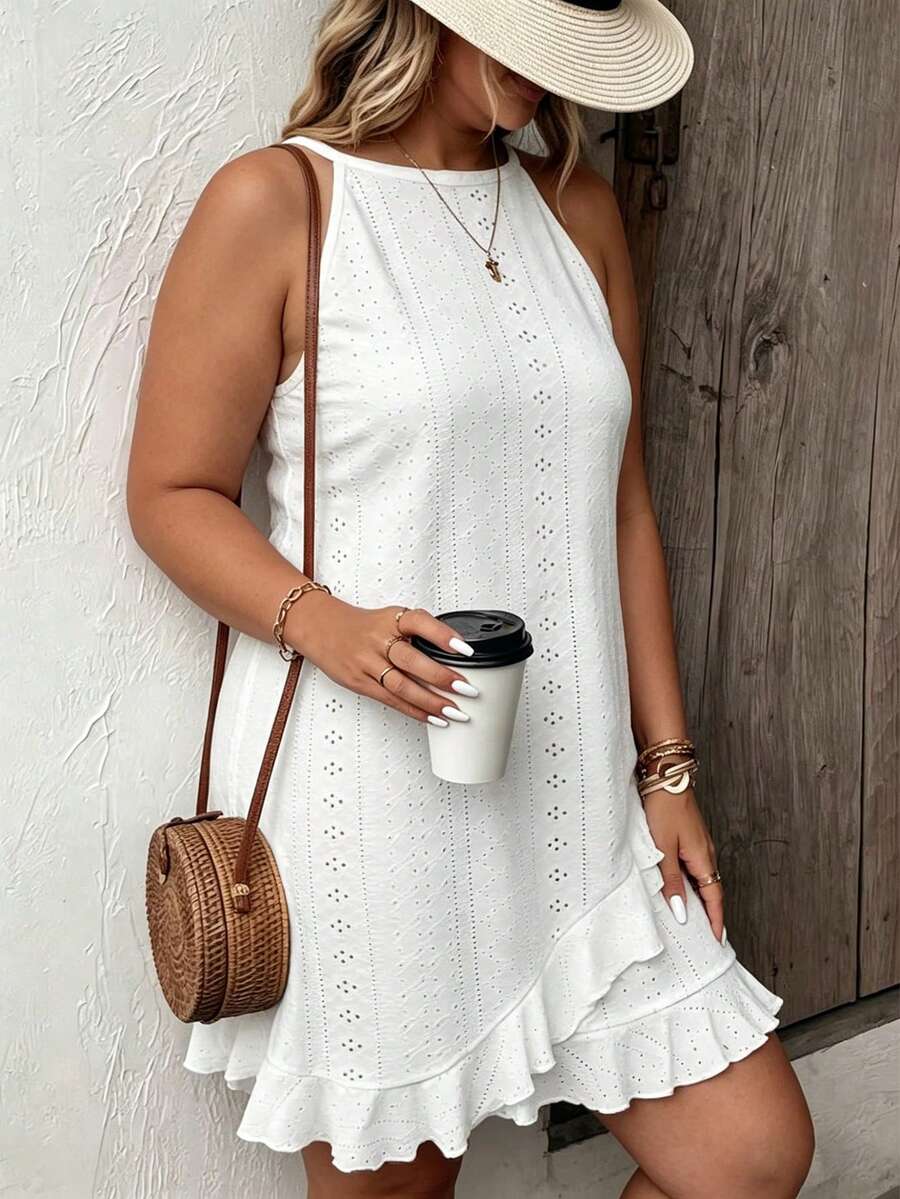EMERY ROSE New Arrival Plus Size Women's Fashion Casual Versatile Jacquard White Vacation Dress - White - View 1