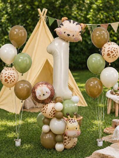 MINKOJA MINKOJA 38pcs Animal Balloons With Creamy White Number Balloon Animal Head Foil Balloon Tower For Safari Animal Party Decorations, Wild One Party Decor, BabyShower