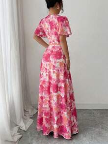 Elenzga Vestido elegante y romántico para mujer con cuello redondo, mangas con volantes y cintura ceñida, con estampado digital - Multicolor - Ver 2