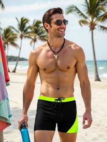 Manfinity KASUA Men's Swimwear With Contrasting Color Splice, Fashionable Design Suitable For Summer, Hawaiian - Black - View 4