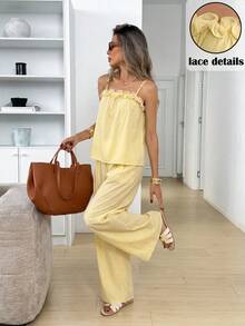 Easowa Conjunto de camiseta sin mangas con cuello alto y volantes, y pantalones anchos de cintura elástica. Estilo casual, suelto y elegante para uso diario o vacaciones, para mujer, primavera/verano - Amarillo - Ver 1