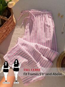 SHEIN Tall CURVE 加大码粉绿条纹弹力腰宽松裤 - 粉色 - 查看 1