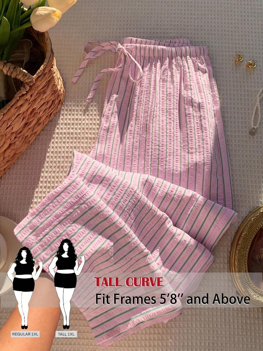 SHEIN Tall CURVE 加大码粉绿条纹弹力腰宽松裤 - 粉色 - 查看 1