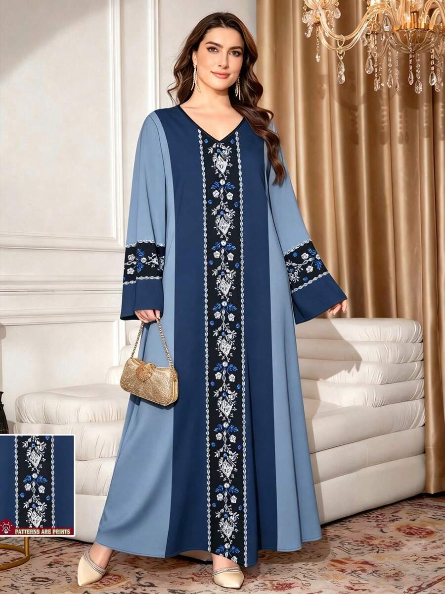 SHEIN Najma 大码女式几何仿钻印花撞色蓝色连衣裙,女士时尚V领长袖长款连衣裙,优雅阿拉伯风格服装,春夏礼服 - 彩色 - 查看 1