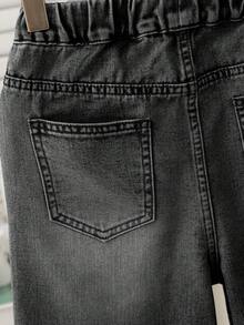 Tween Boy Gray Summer Casual City Break Elastic Waist Drawstring Washed Blue Straight Loose Fit Denim Bermuda Shorts,Suitable For Holiday,Daily Wear - Dark Grey - View 4