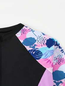 SHEIN Maiô Estampado com Floral Tropical e Zíper na Frente, Manga Raglan, para Adolescentes, Adequado para Mergulho, Surfe, Natação Atlética, Rashguard de Mangas Longas Sólida e Ajustada, Estilo Conservador Adequado para Verão, Praia, Piscina, Férias - Multicolorido - Visão 3