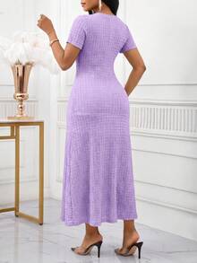 SHEIN Lady 女士纽扣设计圆领短袖优雅长裙 - 紫色 - 查看 2
