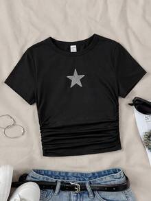 Leap Crew Teen Girls Rhinestone Star Pattern Ruched Side Tee - Black - View 3