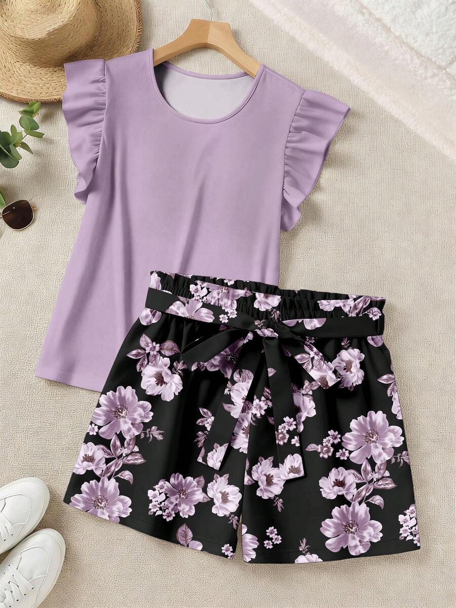 SHEIN LUNE 休闲浪漫印花加大码女式圆领短袖短裤两件套，适合夏季穿着，紫色，度假必备 - 彩色 - 查看 1
