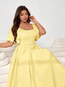 Solflare Plus Size Elegant Solid Color Ruffle Flounce Sleeve Dress, Summer Tea Party Pale Yellow - Pale Yellow - View 5