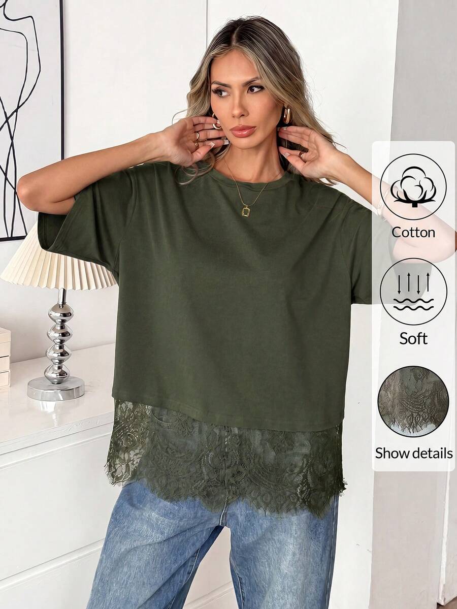 Easowa Black Short Sleeve Round Neck Lace Hem Loose T-Shirt For Women,Summer Top - Army Green - View 1