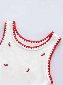 Resyla Chili Pepper Embroidery Design Women Tank Top, Fashion Shell Trim Camisole - White - View 4