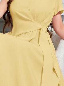 Modelyn Đầm maxi mùa hè màu trơn cổ chữ V tay ngắn cài cúc phía trước dành cho nữ. - Màu vàng - Xem 5