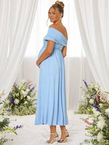 Loomaby Elegant Solid Color Off-Shoulder Maternity Dress,Gender Reveal Dress,Maternity Dress,Baby Shower Dress - Blue - View 7
