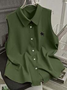SHEIN LUNE Plus Size Button Embroidered Sleeveless Polo Collar Shirt, Summer - Army Green - View 1