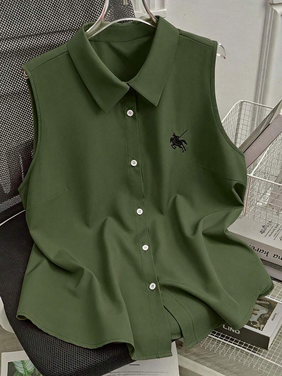SHEIN LUNE Plus Size Button Embroidered Sleeveless Polo Collar Shirt, Summer - Army Green - View 1