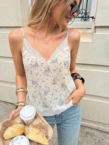 Serisse Women's Summer Vacation Casual Lace Patchwork Print Camisole Top - Baby Blue - View 10