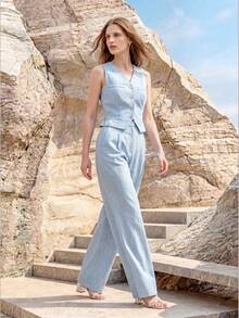 MOTF PREMIUM WOMEN'S DENIM EFFECT LINEN SINGLE-BREASTED SLEEVELESS SLIM FIT LIGHTWEIGHT VEST JACKET - Light Wash - View 3
