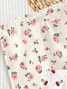 SHEIN Playful Pals 4件組女嬰粉色與白色波點、花朵與草莓單車短褲套裝，可愛彈性腰部內搭褲，適合6個月-3歲，夏季度假 - 彩色 - 查看 4