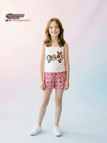THE POWERPUFF GIRLS X SHEIN Maija Kids 少女休閒可愛簡約修身細肩帶上衣與短褲睡衣套裝，粉色夏季青少年居家度假睡衣 - 彩色 - 查看 2