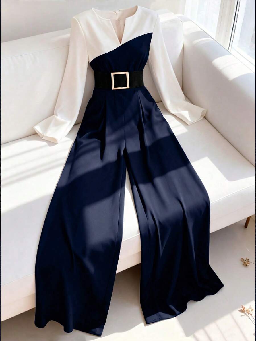EMERY ROSE Mono de manga larga elegante y versátil con patchwork en blanco y negro, adecuado para el uso diario - Azul Marino - Ver 1