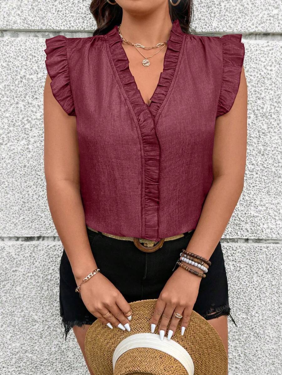 Breezaya Plus Size Solid Color V-Neck Denim Ruffle V-Neck And Ruffle Sleeve Blouse Teachers' Day Office Burgundy Summer Elegant - Burgundy - View 1