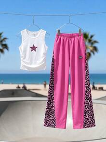 SHEIN 少女圆领褶皱星形图案上衣和裤子休闲套装 - 粉色 - 查看 3
