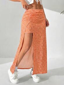 SHEIN EZwear 休闲碎花高开衩半身裙，夏季 - 橘色 - 查看 4