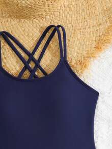 SHEIN Traje de baño de una pieza con tirantes de espagueti y espalda descubierta de unicolor para niñas preadolescentes - Azul Marino - Ver 4