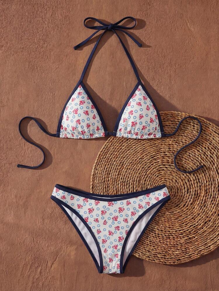 Women's Summer Beach Patchwork Print Halter Tie Sexy Bikini And Triangle Panty Swimwear Set
