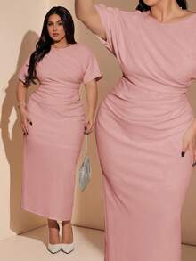 SHEIN BAE 大码女式纯色褶皱露背开衩性感连衣裙 - 粉色 - 查看 1