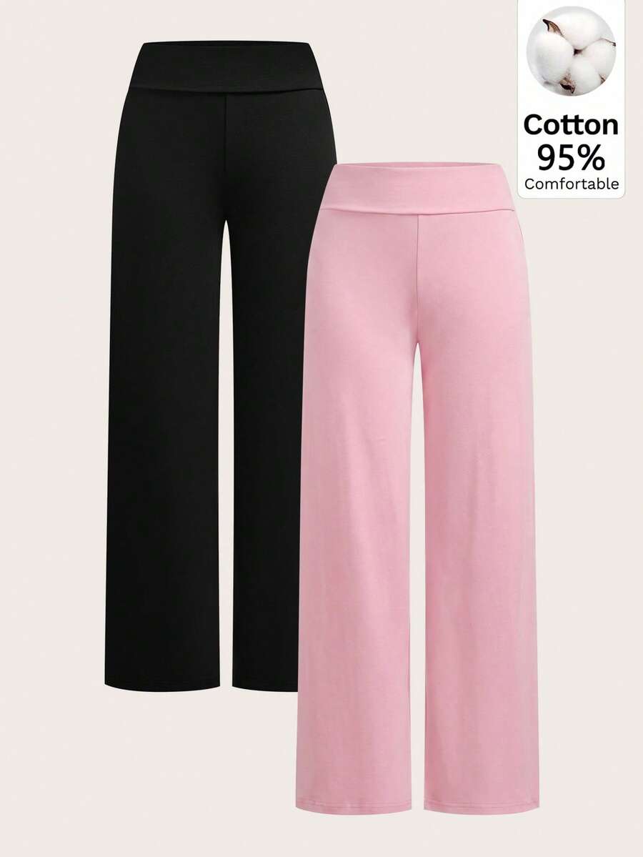 SHEIN EZwear 两件套女士休闲纯色黑色和粉色高腰阔腿直筒裤，适合夏季穿着 - 彩色 - 查看 1