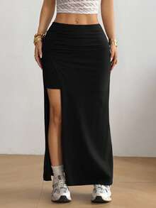 SHEIN EZwear Black Knit Women's Side Slit Hem Skirt - Black - View 6