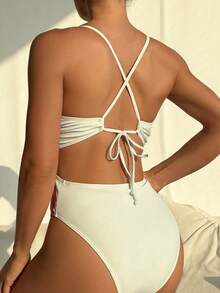 Swim SXY Springbreak Swim Vcay 女士印花深V性感露背交叉绑带连体泳衣，夏季假期 - 米色 - 查看 2