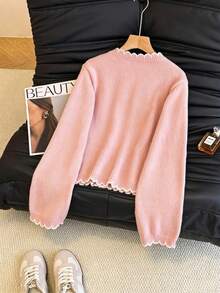 SHEIN LUNE Cárdigan con bloque de color y volantes de estilo romántico francés, adecuado para ir al trabajo - Rosado Sandía - Ver 2