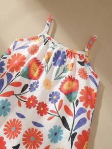 SHEIN Vestido de tirantes de tela tejida con estampado floral para niña, adecuado para uso diario en verano, salidas, viajes, vacaciones y fiestas - Multicolor - Ver 4