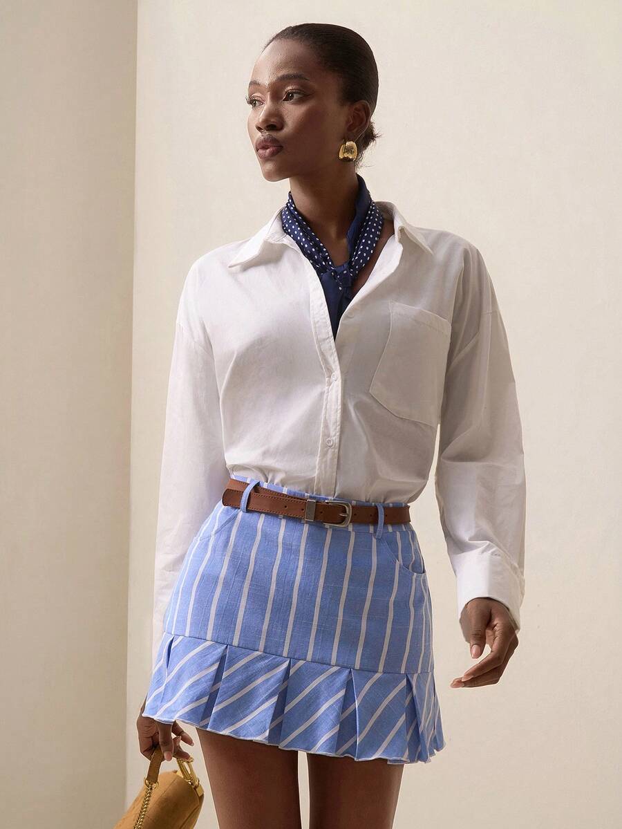Briarwyn Women's Striped Pleated Hem Casual Skirt - Blue and White - View 1