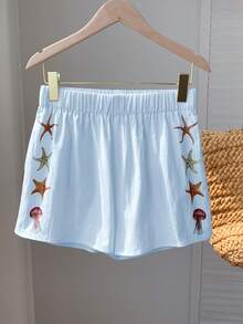 Comfortcana 2026 Primavera/Verano Pantalones cortos de mujer 100% algodón azul con estampado de estrellas de mar, adecuados para invierno, Pascua, fiesta, playa, boda, graduación, elegante, casual, vacaciones, deportes, formal, estilo Y2K, negocios, decorados con lentejuelas, flecos, volantes, flores, estampados y estrellas de mar - Azul - Ver 4