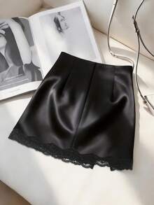 GlowEve Women's Black Satin High Waist Mini Skirt, Metal Buckle Ruched Lace Patchwork Irregular Bodycon Skirt - Black - View 2