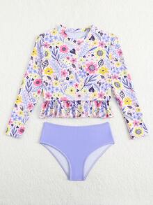 SHEIN Bộ bikini in họa tiết dễ thương cho bé gái tuổi teen, áo hai dây và quần bơi, bộ đồ bơi dài tay in ngẫu nhiên cho bé gái, đồ bơi dài tay chống nắng cho bé gái, bộ đồ bơi 2 mảnh dài tay cho bé gái tuổi teen, bộ đồ bơi hai mảnh dài tay chống nắng cho bé gái, bộ đồ bơi dài tay in hoa cho bé gái, bộ đồ bơi dài tay cho bé gái, bộ đồ bơi 2 mảnh chống nắng cho bé gái. - Màu tím - Xem 5