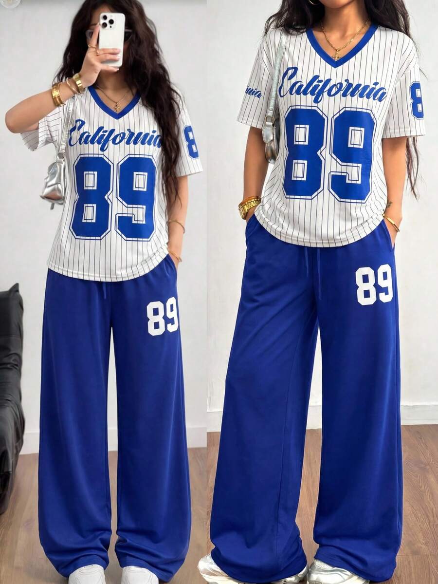 SHEIN 少女T恤套装 2件套 少女休闲时尚蓝白针织数字标语印花美式棒球T恤V领短袖上衣和阔腿运动裤套装 - 藍白色 - 查看 1