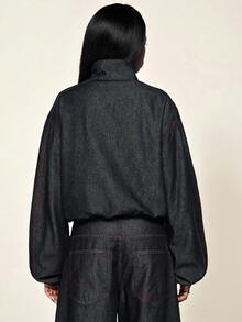 COUREZ 高领宽松牛仔夹克，撞色缝线设计 / Y2K 夏季女装 夏季女装 防风外套 女式夹克 音乐节服装 演唱会服装 春季女装 - 黑色 - 查看 3
