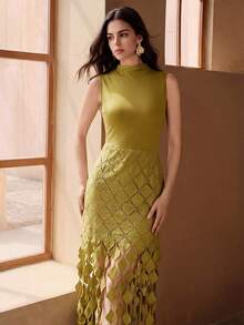 Anewsta Elegantes Damen Kleid mit grünem Mandarin-Kragen, ärmellos, figurbetonter Farbverlauf, Rautenmuster, Quasten, geeignet für den täglichen Gebrauch, Hochzeiten und Partys - Grün - Übersicht 7