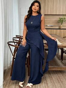 Plus Size Women Spring/Summer Round Neck Waist Cinched Asymmetric Hem Ruffle Casual Workwear Set - Navy Blue - View 3