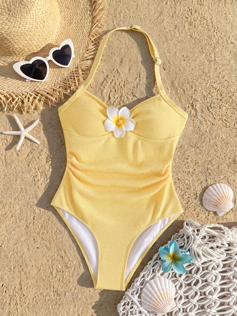 SHEIN Tween Girl Halter Textured Floral Decor One-Piece Swimsuit,Flower Bathing Suits,Yellow Swimwear,One Piece Swim Swimsuits - Yellow - View 1