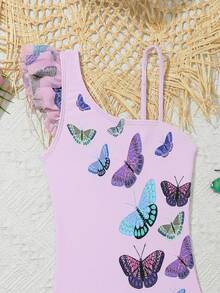 SHEIN Young Girl Butterfly Printed One-Piece Swimsuit Mesh Skirt Set - Multicolor - View 4