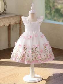 SHEIN Glamorique Kids 女婴优雅白色短袖束腰可爱蝴蝶可拆卸刺绣网纱双层泡泡裙 - 白色 - 查看 3